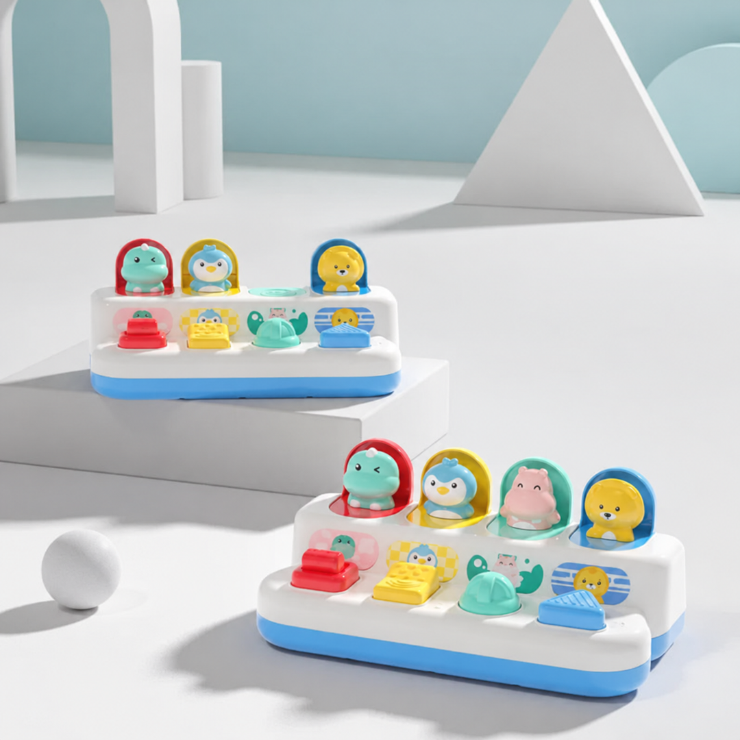 Two white-and-blue animal pop-up toys with colorful controls