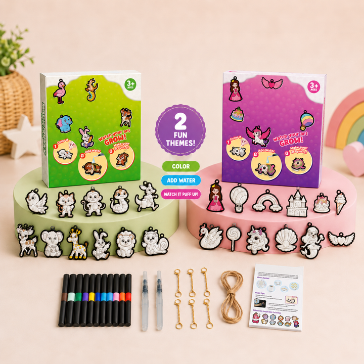 Animal and princess craft kits with uncolored patterns, markers, water pens, clips, and string