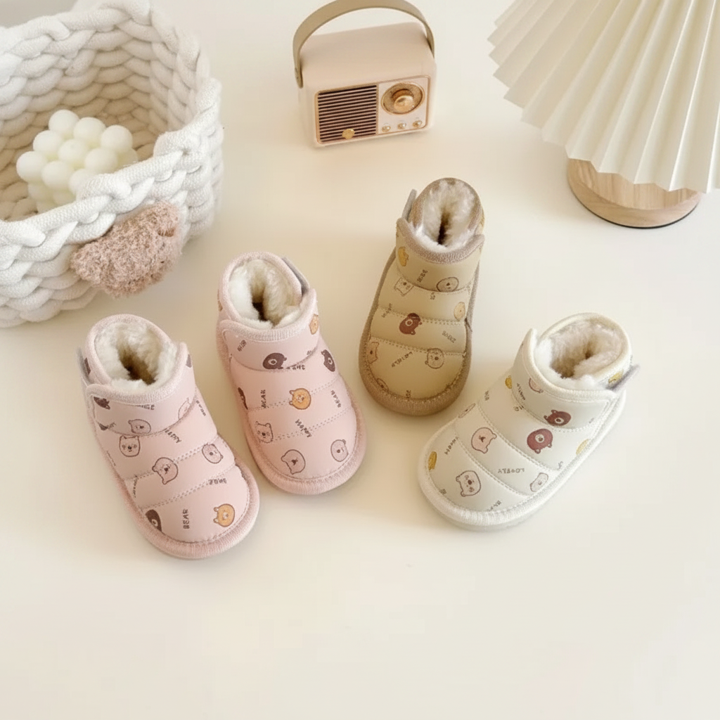 Beige, brown, and pink animal-print boots arranged to show rounded toes and plush collars