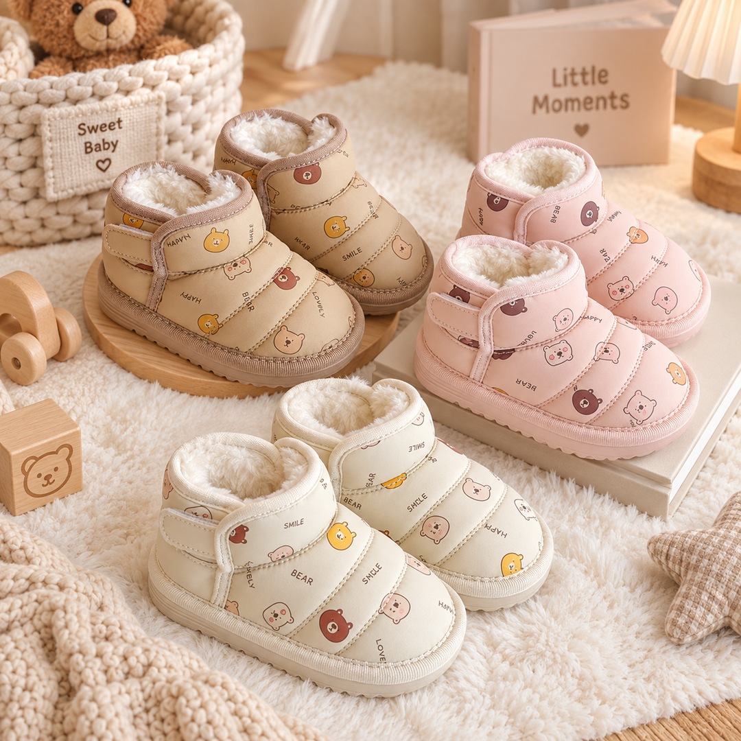 Beige, brown, and pink animal-print kids' boots with plush collars arranged on a soft rug