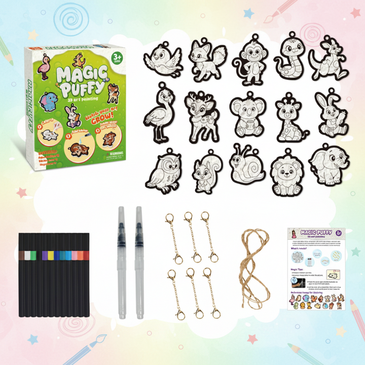 Animal craft kit with 15 outlined paper designs, markers, water pens, keychain clips, and string