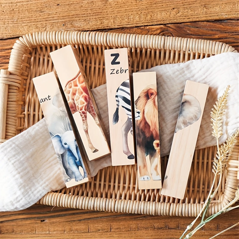 Wooden animal puzzle blocks with zebra, giraffe, lion, and elephant details in a woven basket