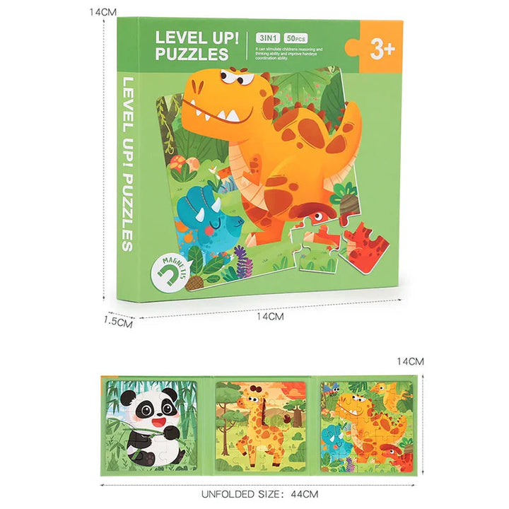 Animal puzzle book measurements showing 14 x 14 x 1.5 cm folded and 44 cm wide when open.