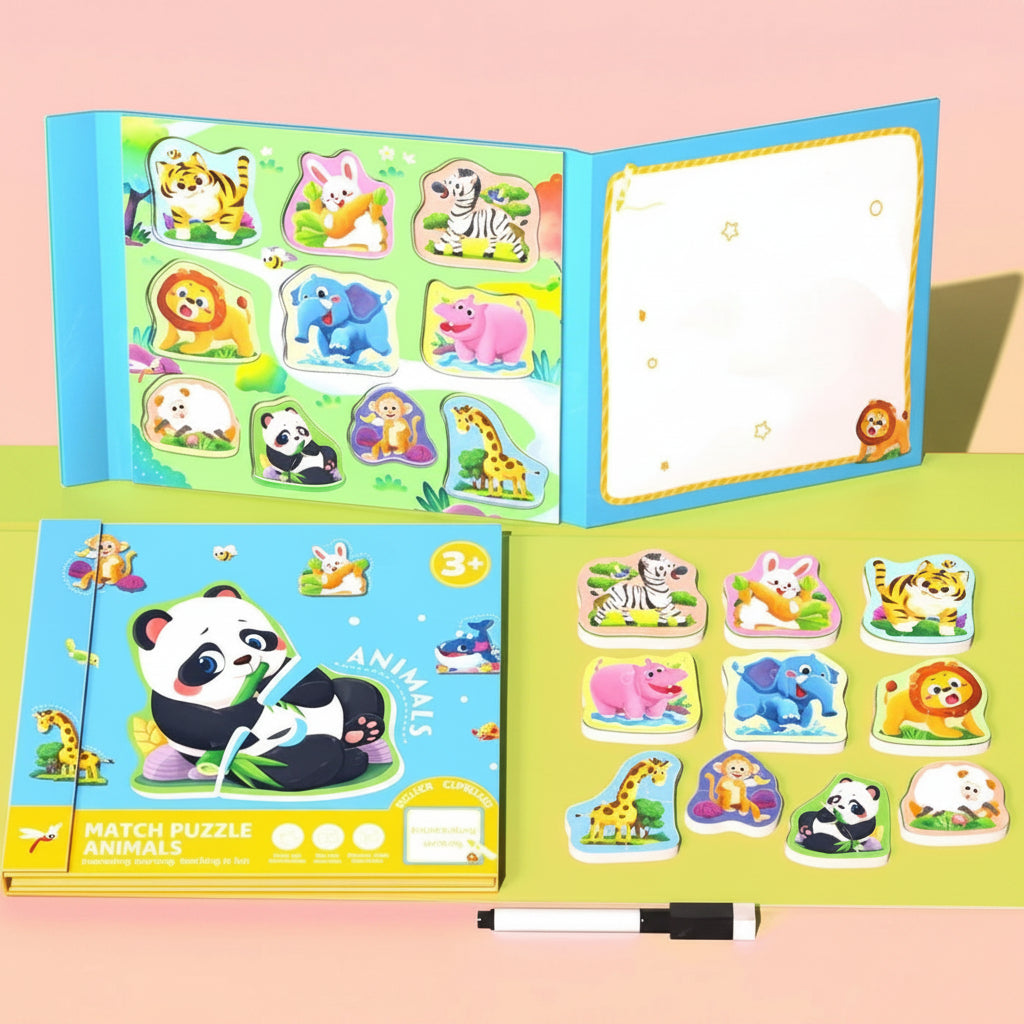 Animal puzzle book with loose matching pieces, an open drawing page, and an erasable pen.