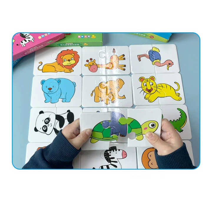Hands joining turtle puzzle pieces among animal picture cards