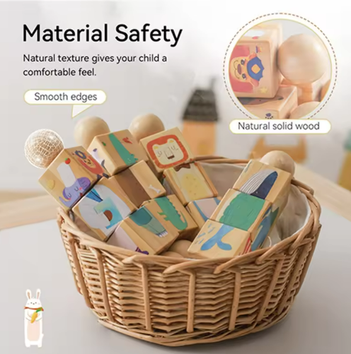 Wooden animal puzzles with rounded ends displayed in a woven basket