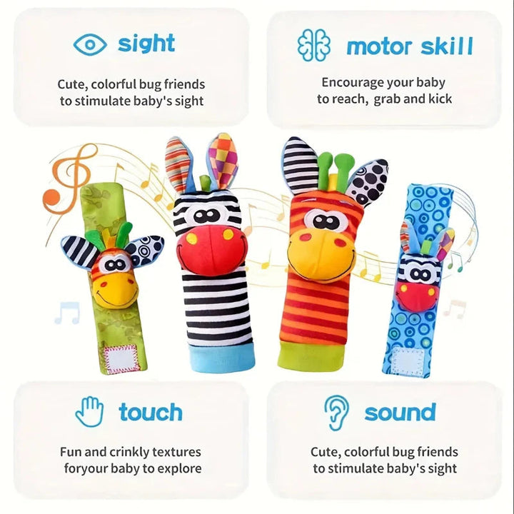 Zebra and giraffe rattles with panels highlighting sight, touch, sound, and movement.