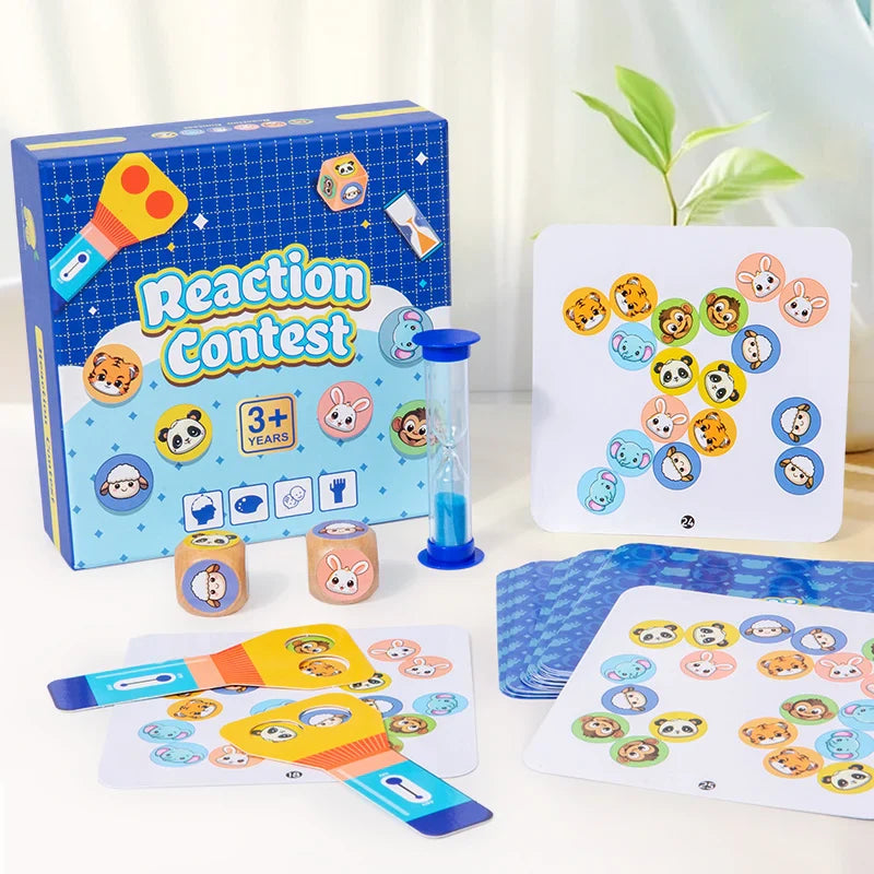 Boxed animal-matching game with illustrated cards, two flashlight-shaped paddles, dice, and an hourglass
