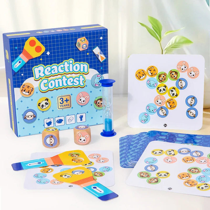 Boxed animal-matching game with illustrated cards, two flashlight-shaped paddles, dice, and an hourglass