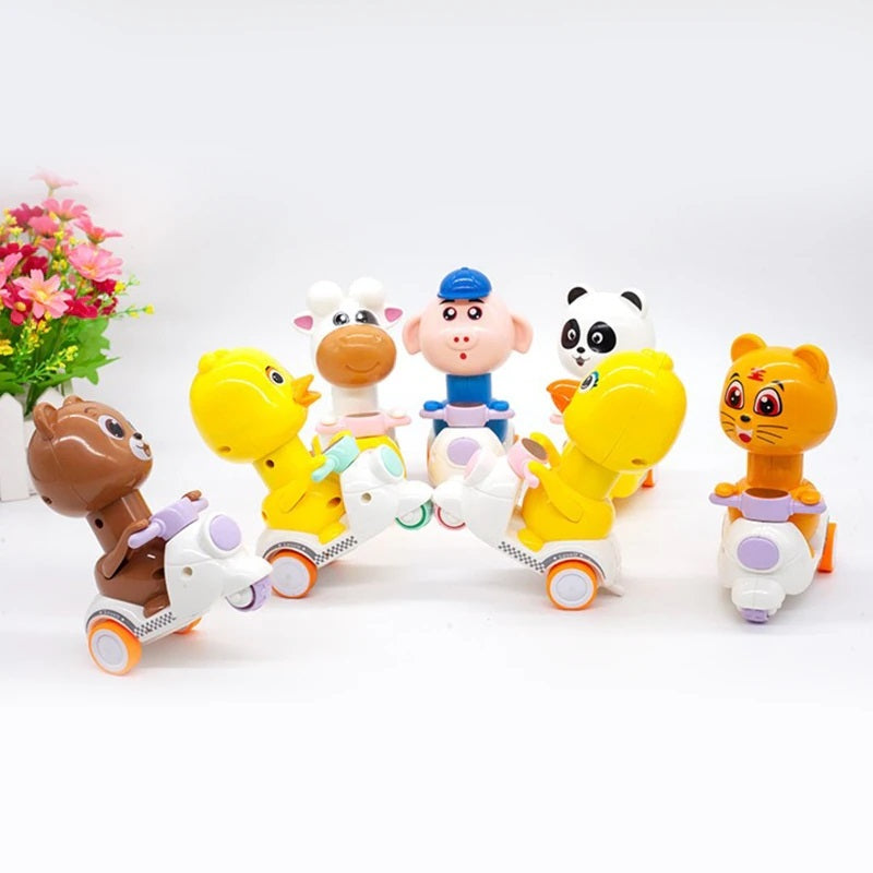 Animal riders on colorful toy motorcycles arranged together on a tabletop