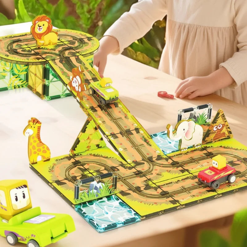 Child playing with an animal-themed magnetic road set featuring a ramp and two vehicles
