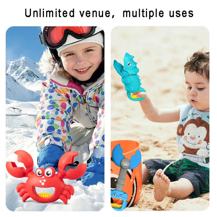 Children holding animal-shaped grabber toys in the snow and at the beach