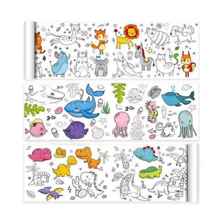 Animal coloring roll with zoo and sea-life patterns, shown partly colored