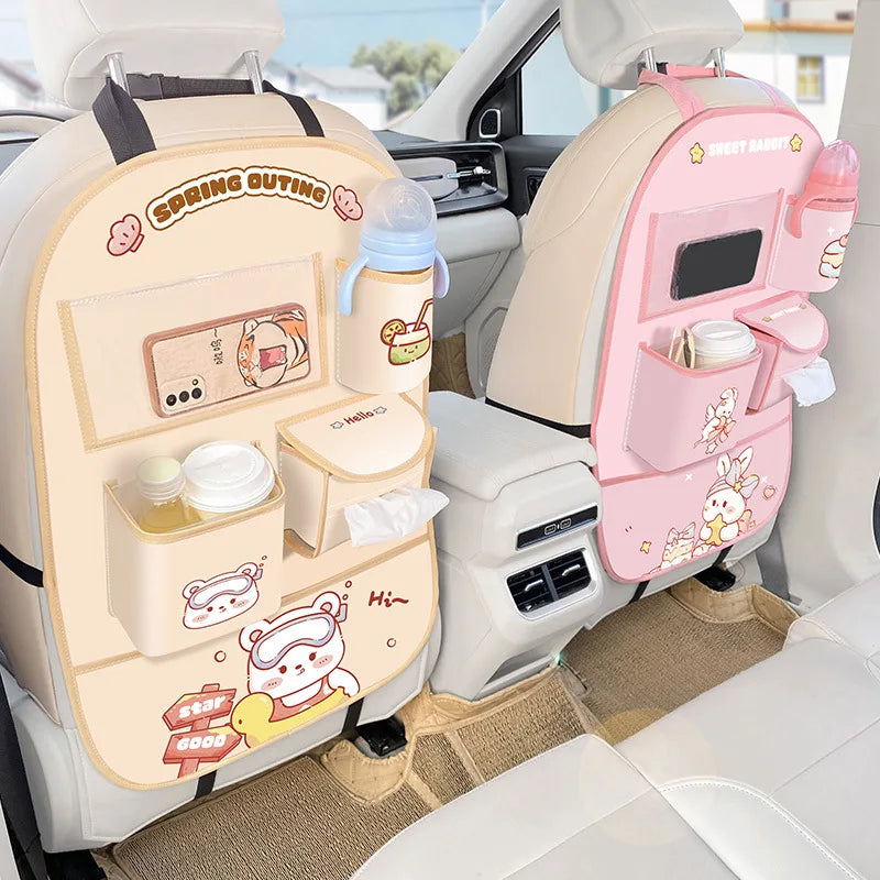 Angled view of bear and rabbit seat-back organizers with drinks and tissues in the pockets