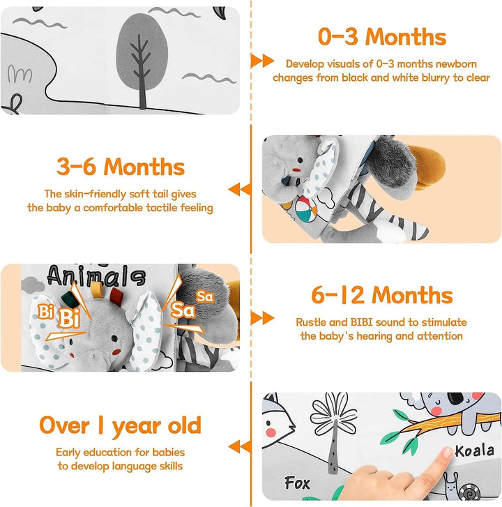 Sensory book detail panels showing contrasting pictures, soft animal tails and a hand pointing to a page