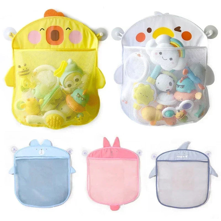 Yellow and white duck bath toy bags above blue, pink and gray animal-shaped mesh organizers