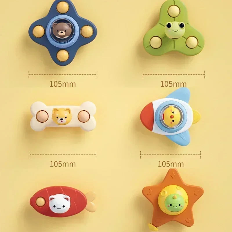 Measurement chart showing six animal spinner designs, each labeled 105 mm across