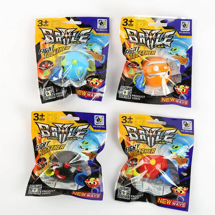 Four blister packs displaying assorted animal and character spinning toy cars