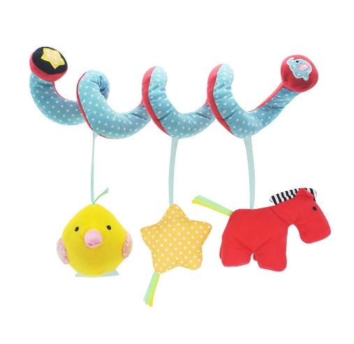 Animals spiral activity toy with a blue body and hanging bird, star, and horse