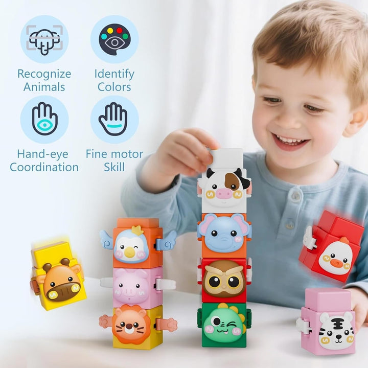A child adds an animal block to a stack beside other colorful animal towers.