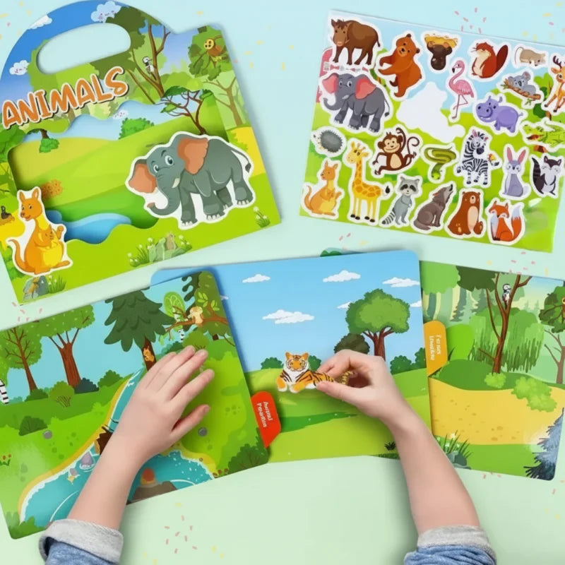 Hands arranging animal stickers on an open fold-out landscape beside the book and sticker sheet.