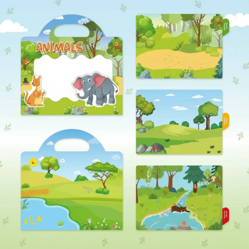 Animal sticker book shown with illustrated pond, hill, and woodland scenes.