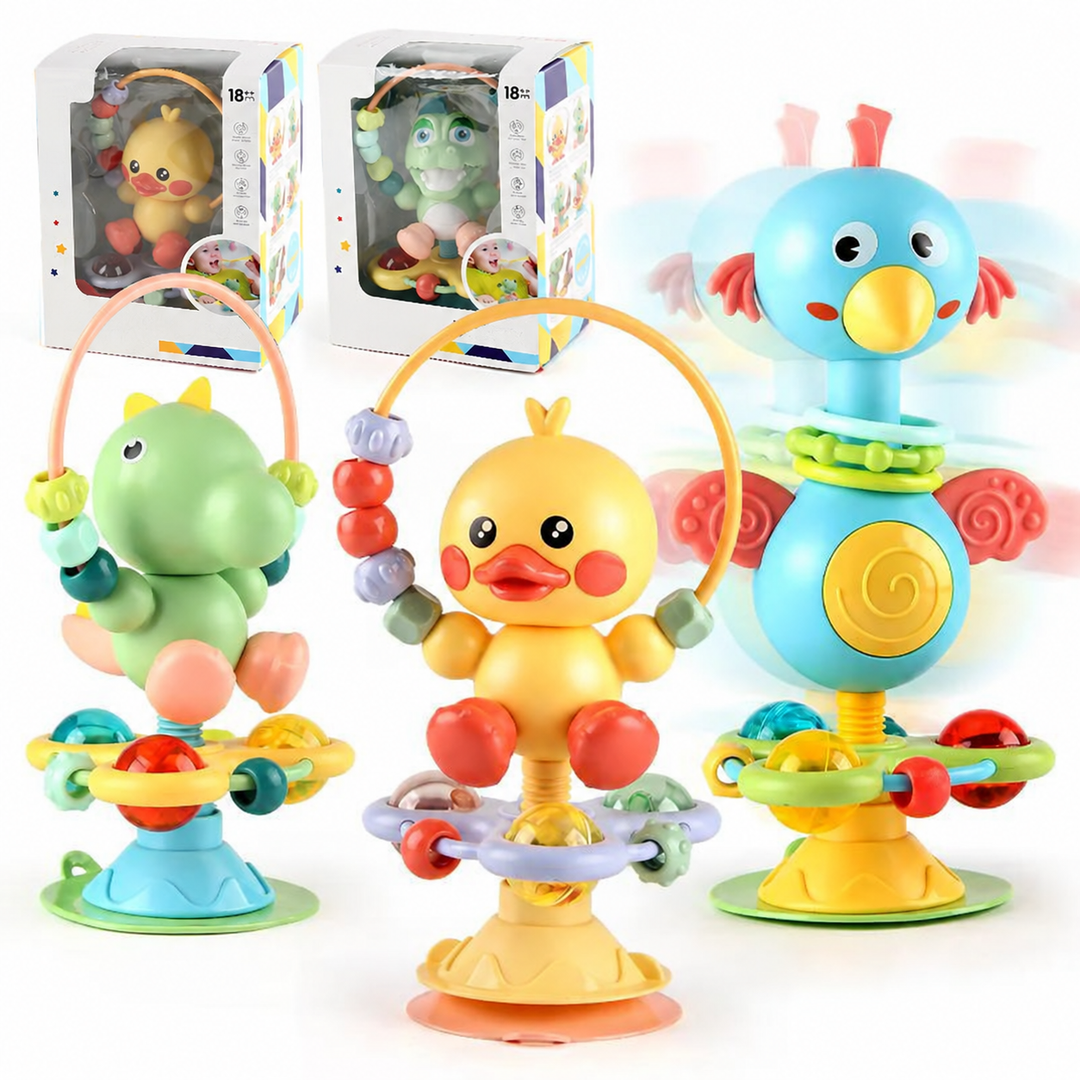 Bird, duck, and dinosaur suction cup rattles displayed together with boxed animal styles