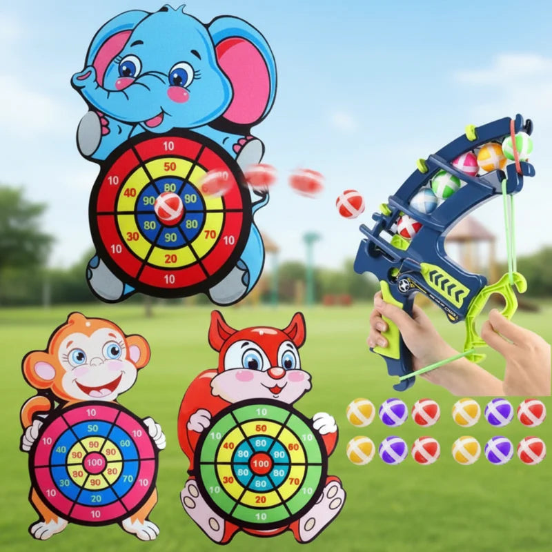 Elephant, monkey, and squirrel target designs shown with a blue launcher and colorful sticky balls