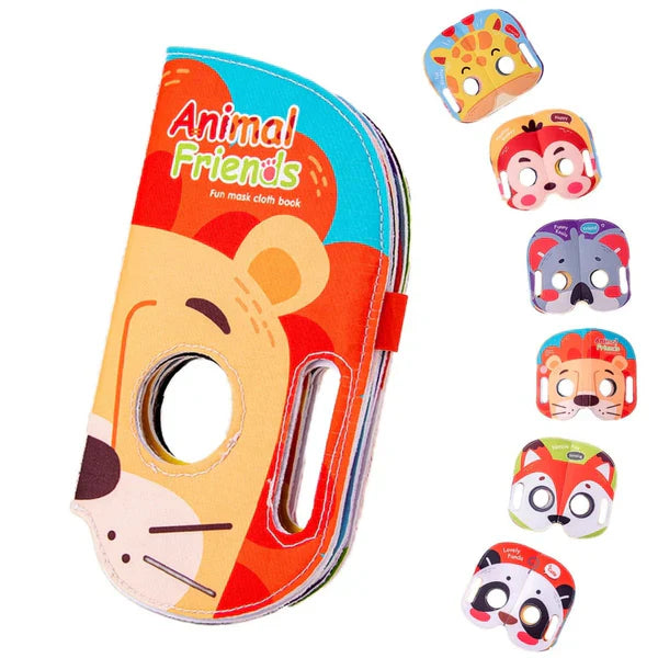Animal-themed cloth book with a lion cover and examples of the animal faces inside.