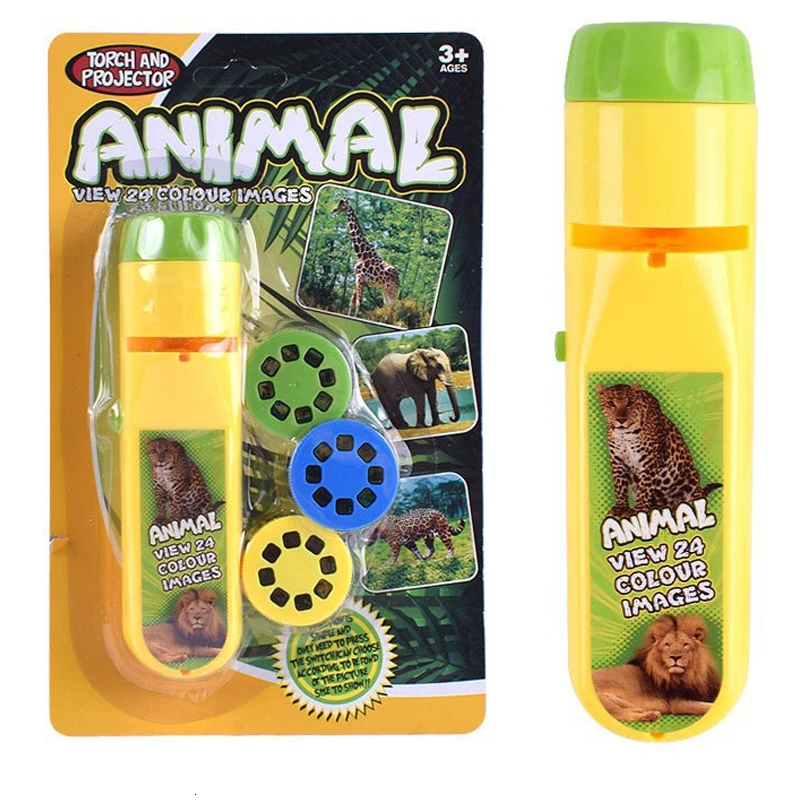 Yellow-and-green animal projection flashlight beside its package and three slide discs