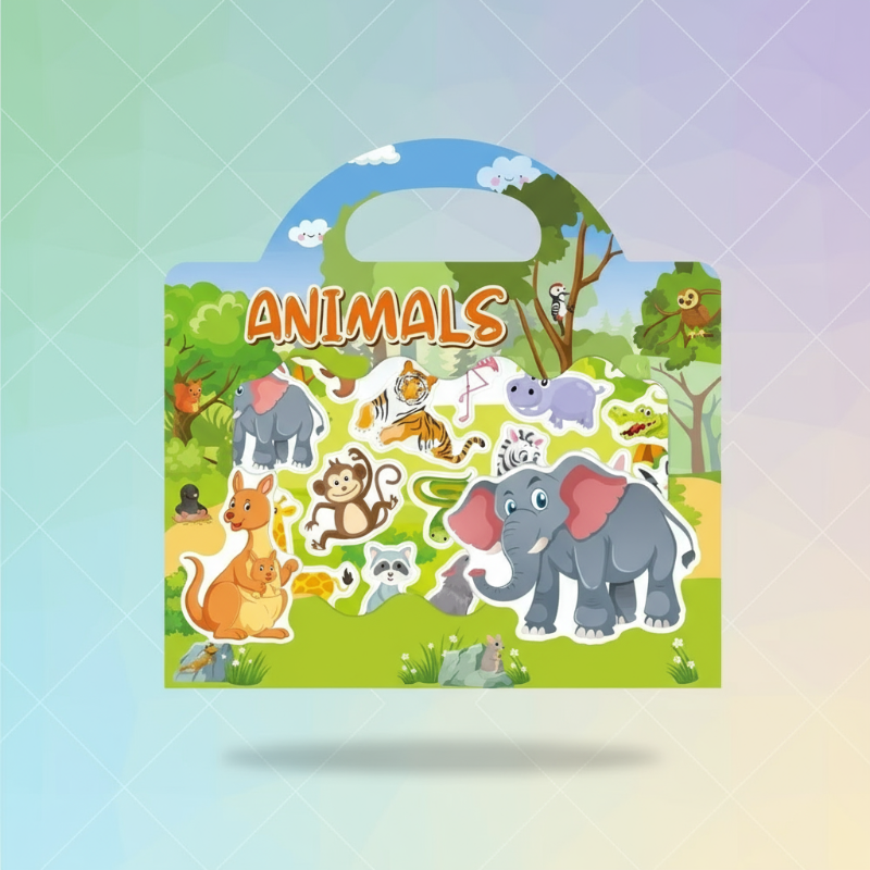 Animal-themed sticker book with an elephant, kangaroo, and other animal stickers.
