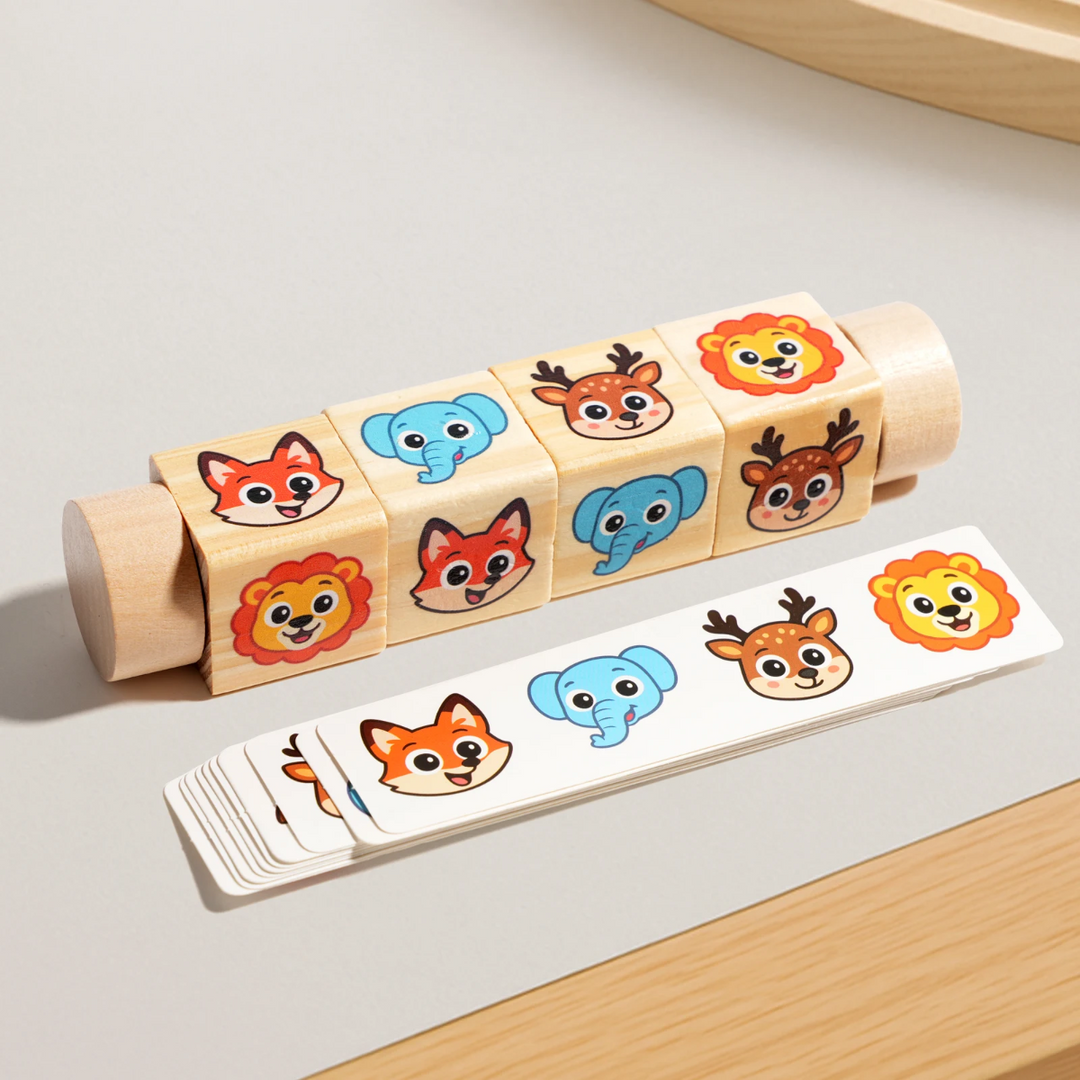 Animal-themed puzzle showing fox, elephant, deer, and lion cubes beside matching cards