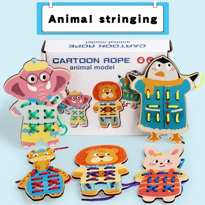 Animal lacing board set with elephant, lion, giraffe, rabbit, and penguin designs