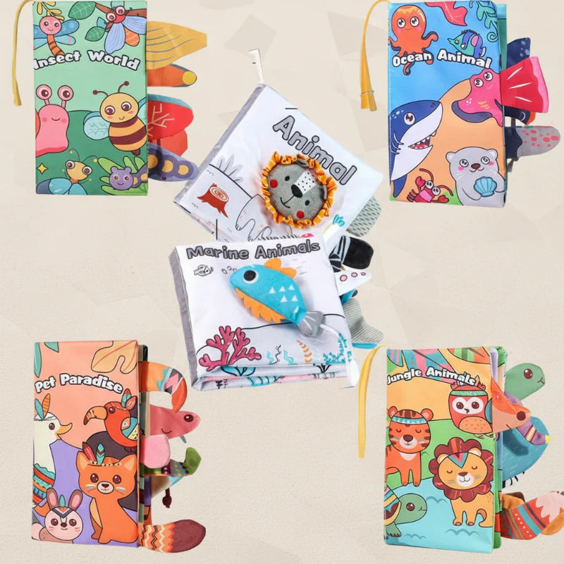 Animal, ocean, and insect cloth books with colorful covers and textured fabric tails
