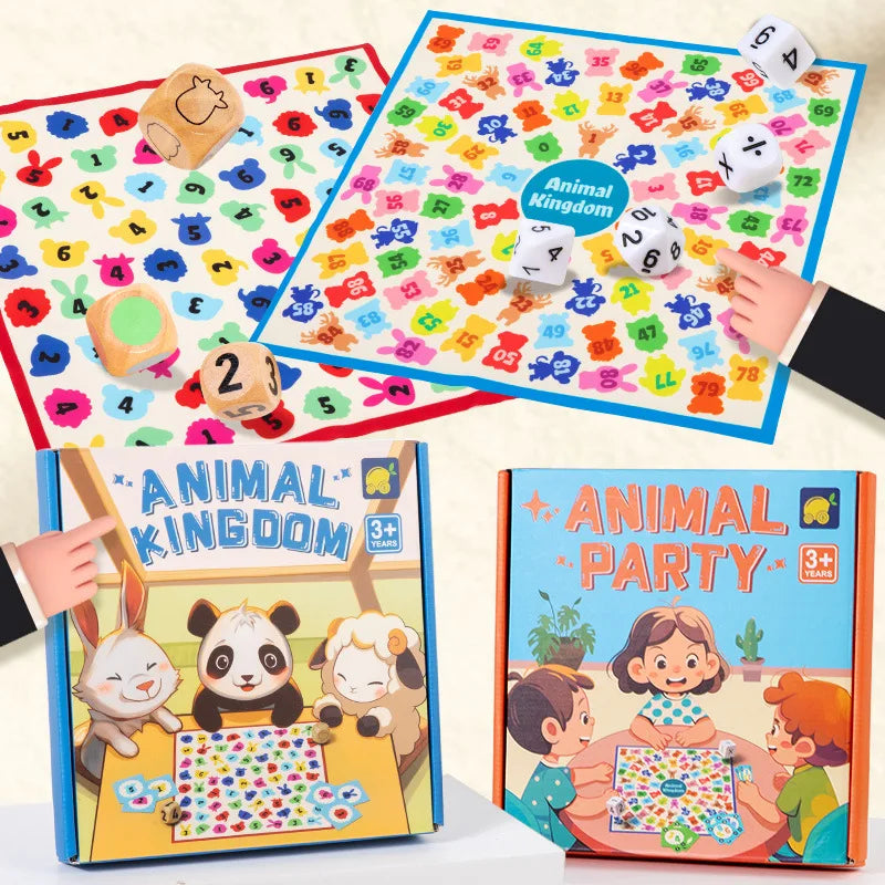 Animal Kingdom and Animal Party boards, dice, and boxes for shape matching and math play.