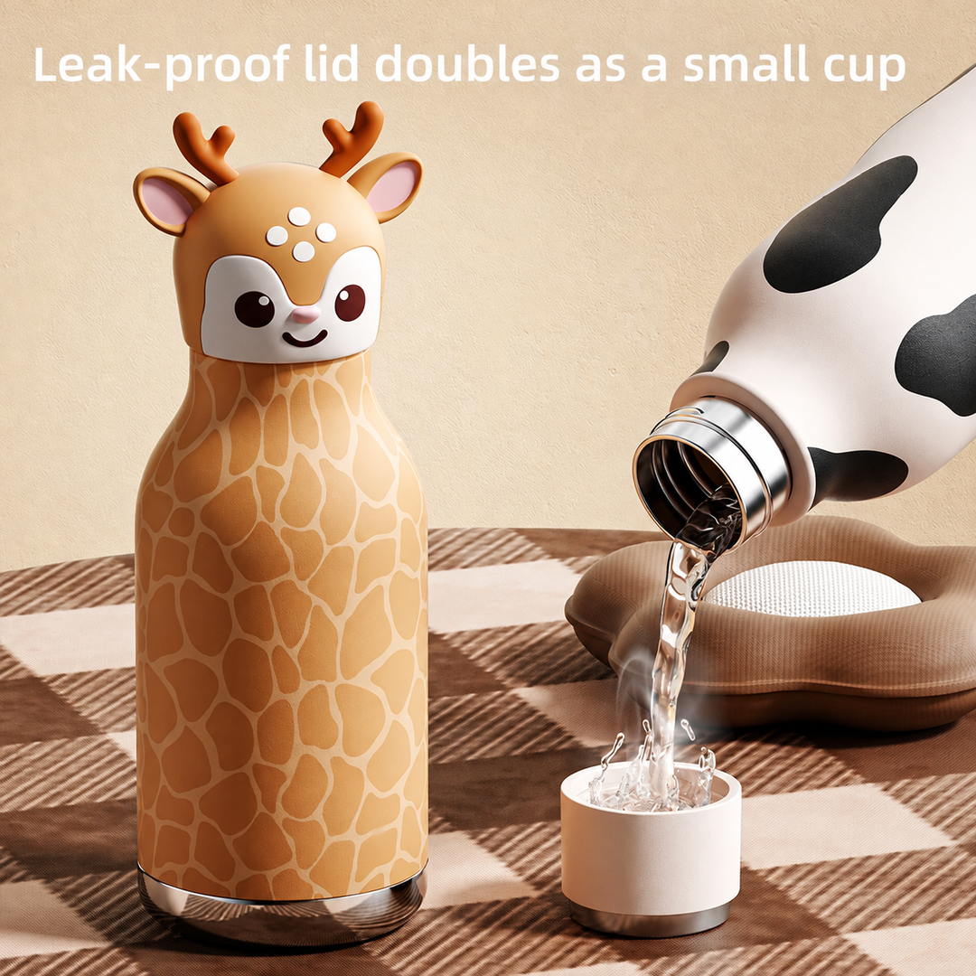 Cow bottle pouring water into a small cup beside a deer thermos bottle