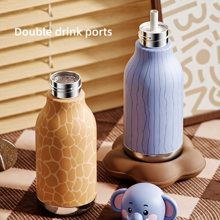Deer and purple elephant bottles showing an open drinking rim and a straw spout