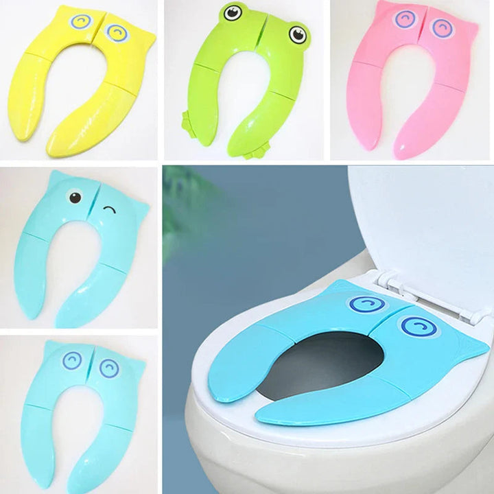 Collage of animal-shaped toilet training seats with a blue seat shown on a toilet