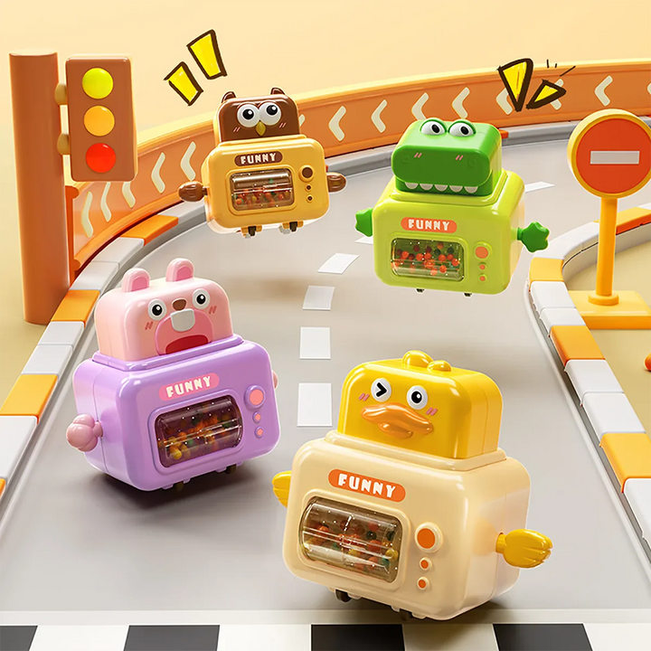 Owl, frog, rabbit, and duck toy cars on a curved play road