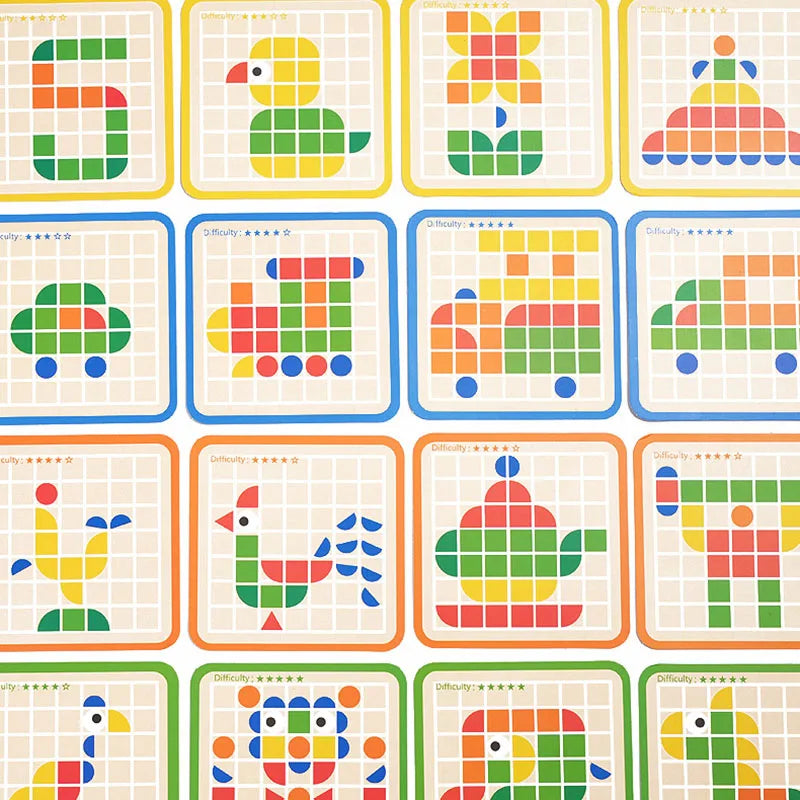 Pattern cards showing animals, vehicles, a flower, and the number five