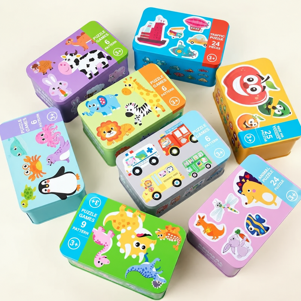 Assorted colorful puzzle tins featuring animal and vehicle designs