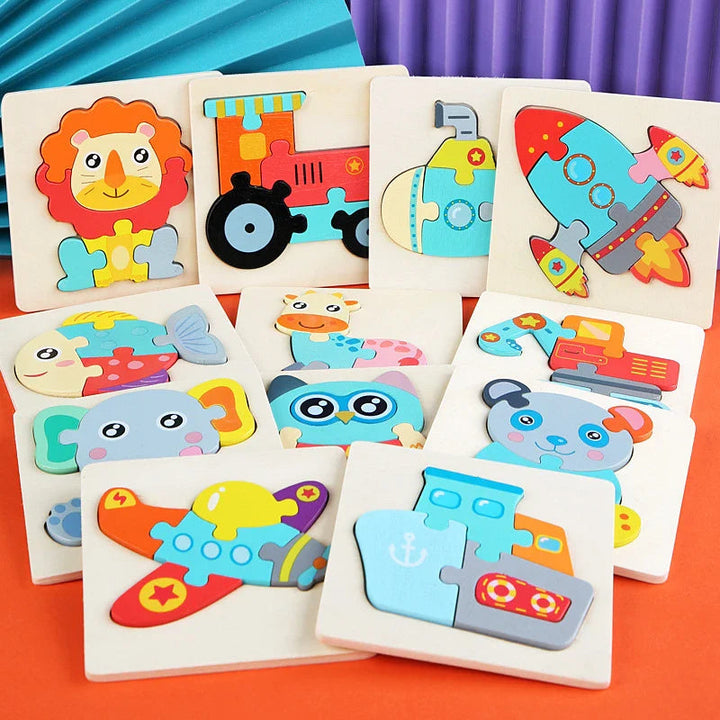 Colorful animal and vehicle wooden jigsaw puzzles displayed together on an orange surface