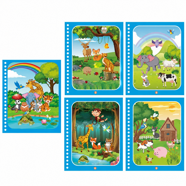 Animal-themed water coloring book cover with four illustrated animal scenes.