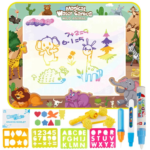 Animal-themed water drawing mat with a giraffe doodle, water pens, stencils, shape pieces, and a roller