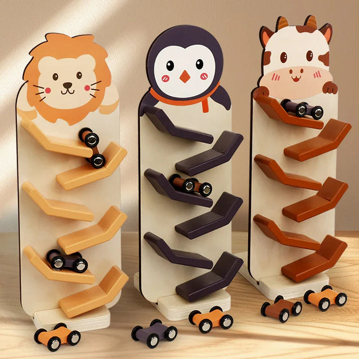 Lion, penguin, and cow wooden car ramps with zigzag tracks and colorful cars
