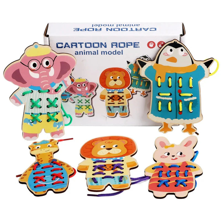 Animal-themed wooden lacing boards with colorful cords and a box