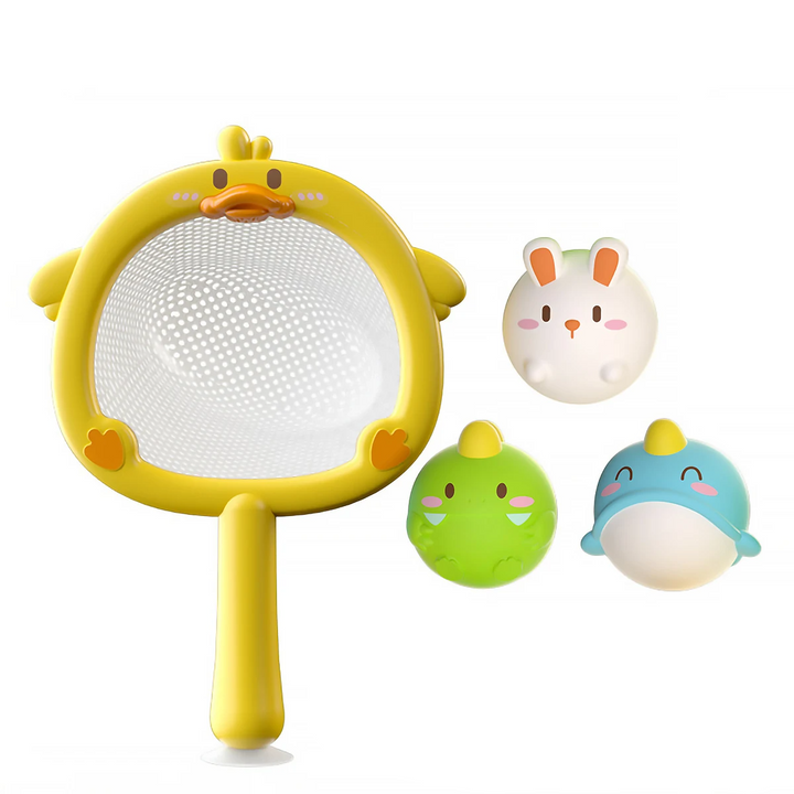 Animals set with a yellow duck-shaped net, a white rabbit, and green and blue animal toys