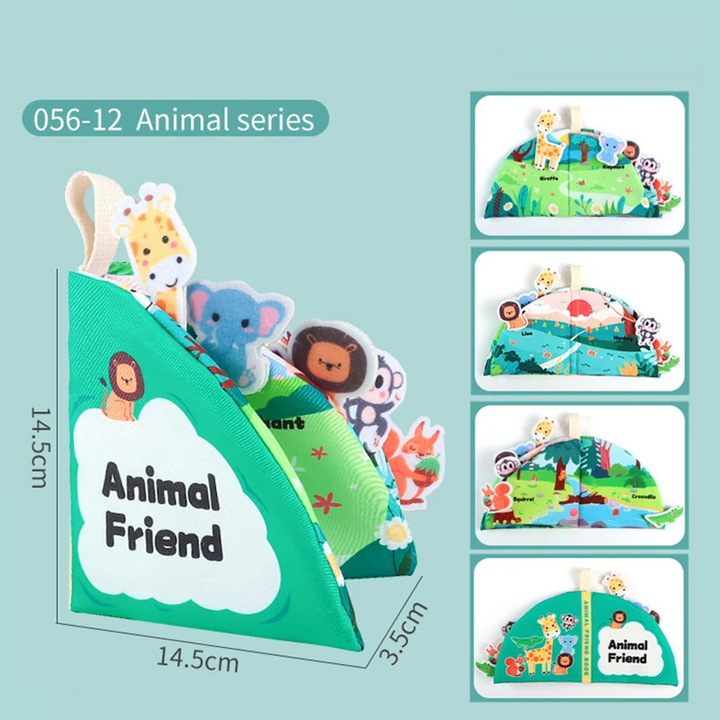 Animals book with animal-shaped pages, shown measuring 14.5 x 14.5 x 3.5 cm