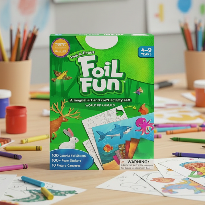 Animals foil sticker art kit in green packaging beside drawing and craft supplies