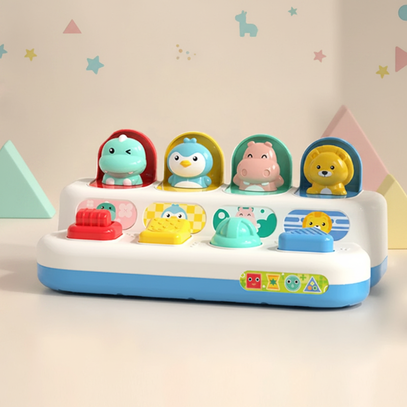 Animals activity toy with four pop-up figures and colorful controls